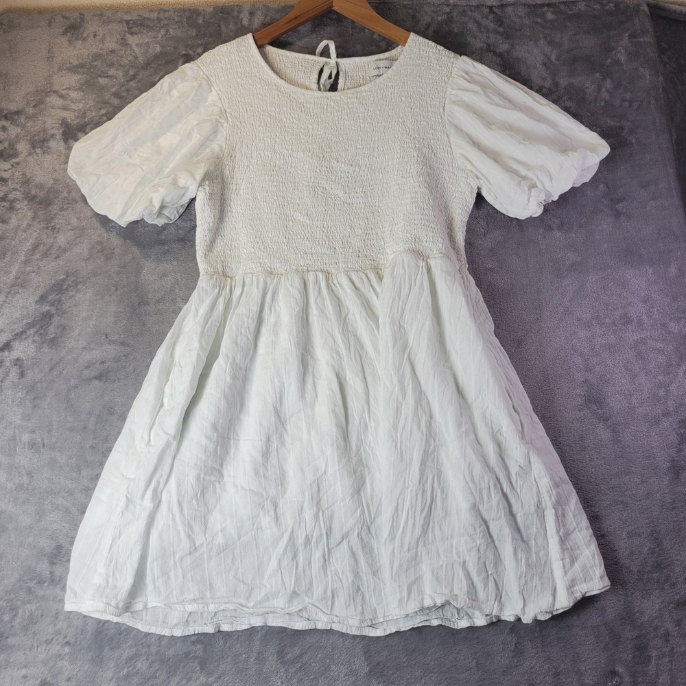 Lost + Wander‎ White Smocked Puff Sleeve Mini Dress L Pockets Cottagecore Boho